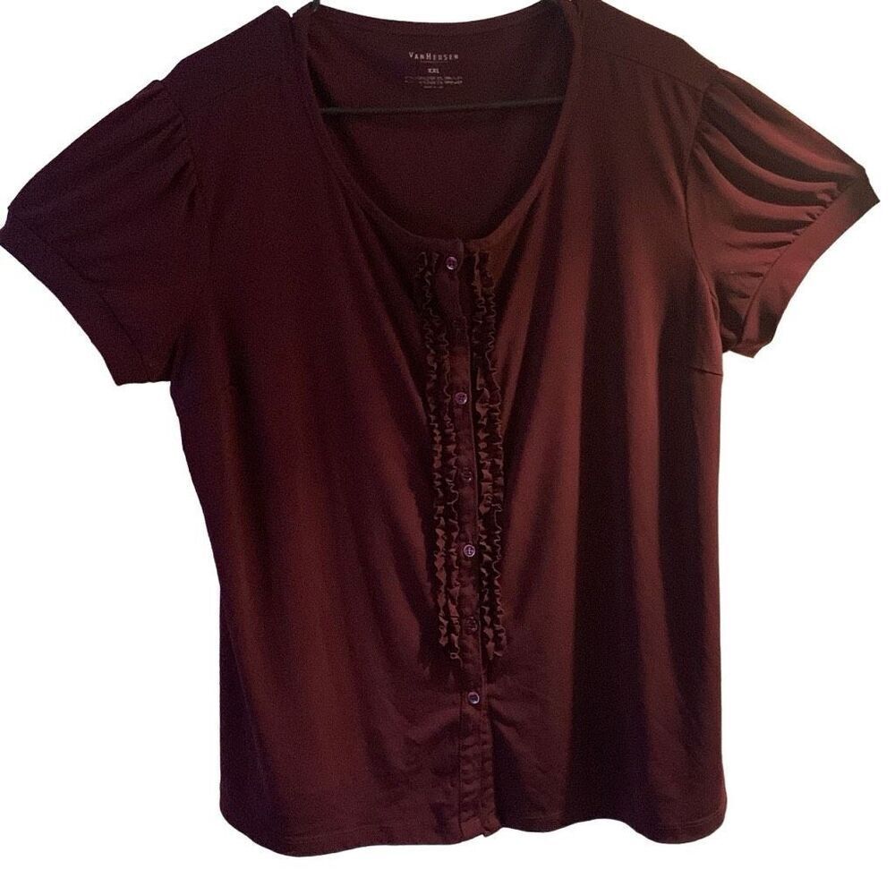 Pre Owned Women’s Van Heusen Blouse Purple Frilly Front Sz XXL Festive Comfort